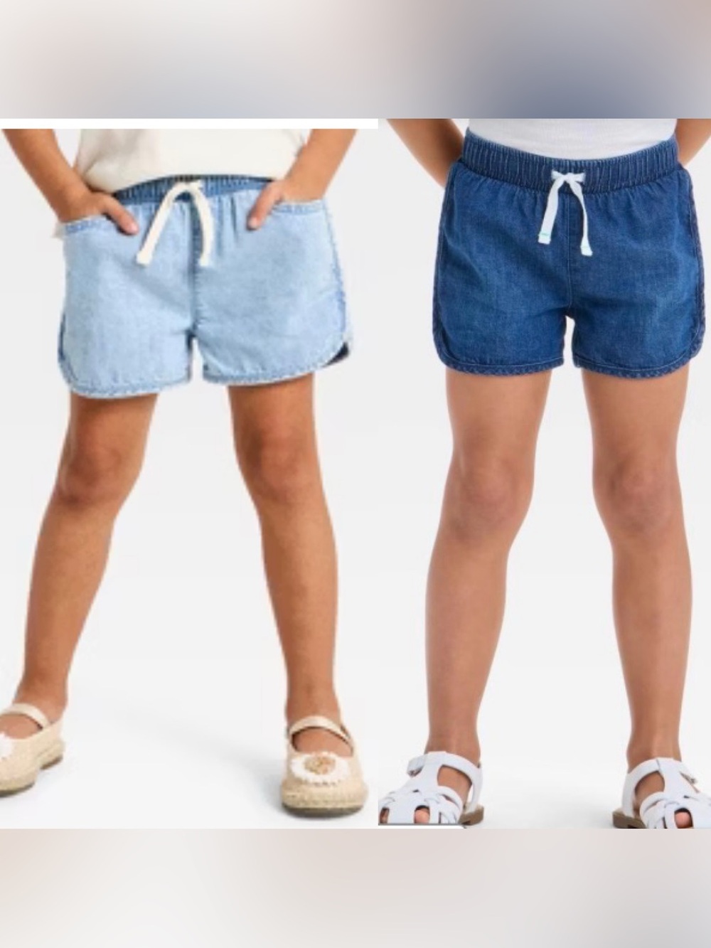 Two pairs of Cat & Jack Girls' Denim Drawstring Shorts - Light Blue & Dark Blue